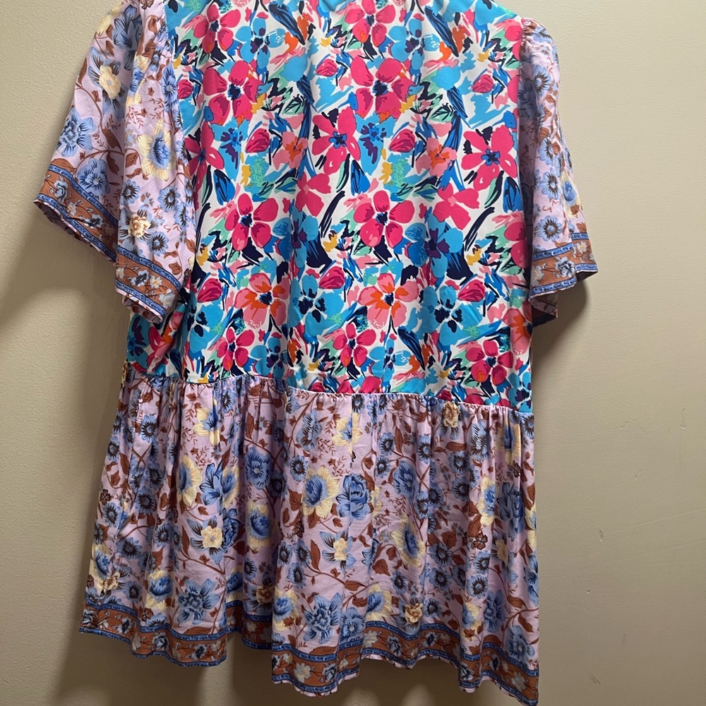 Umgee Floral Patchwork Blouse - Pink, Blue, and Brown - Picture 2 of 6